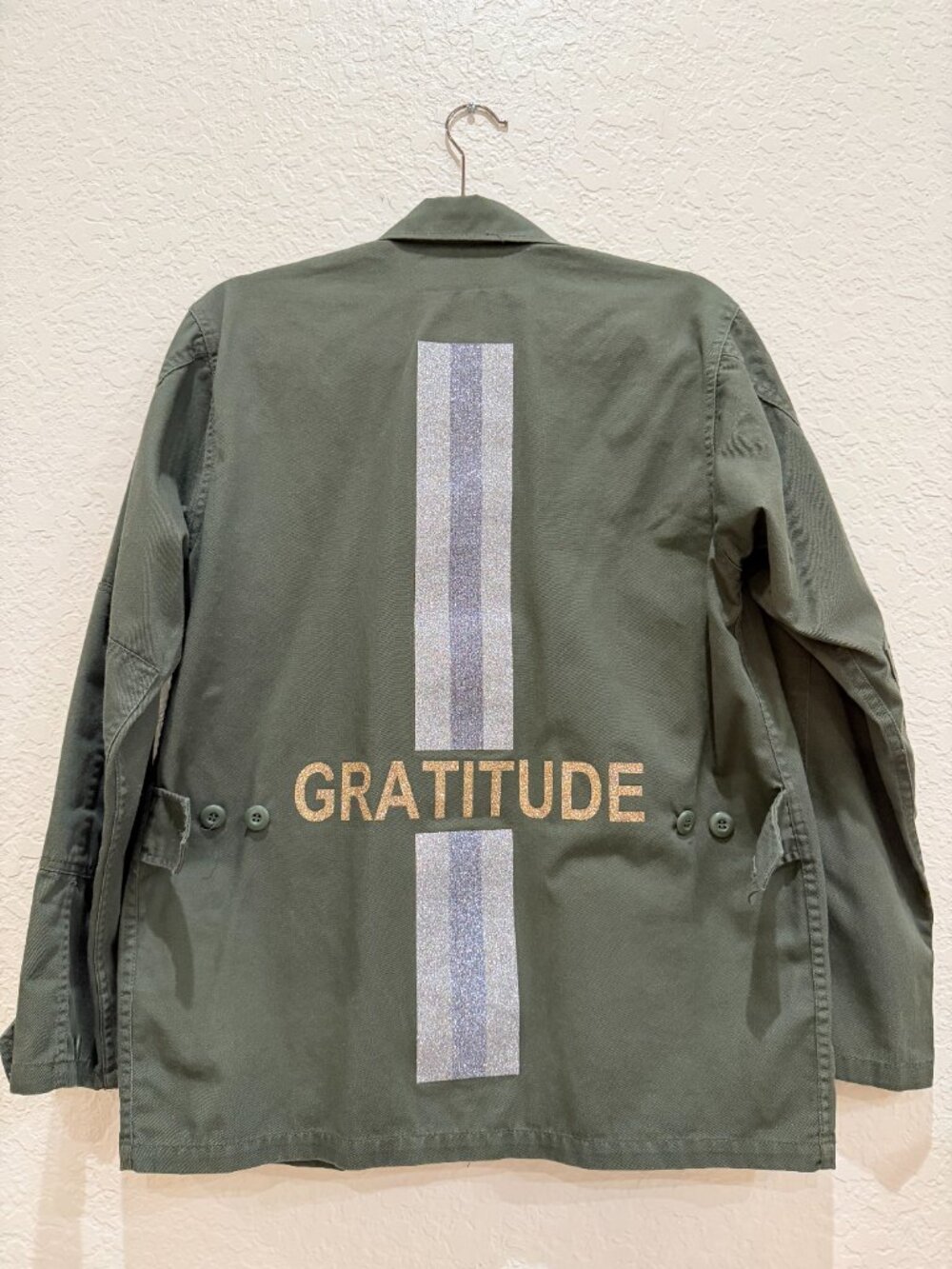 Hipchik Couture Grateful Army Utility Jacket Oversized Olive Green Gold Glitter